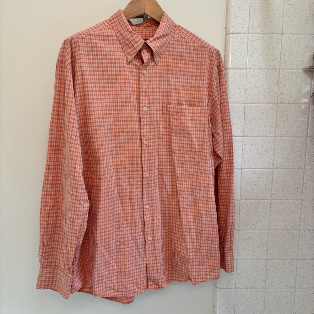Talbots Mens Orange Plaid Button Down Shirt Size XL 100% Cotton Preppy Luxury